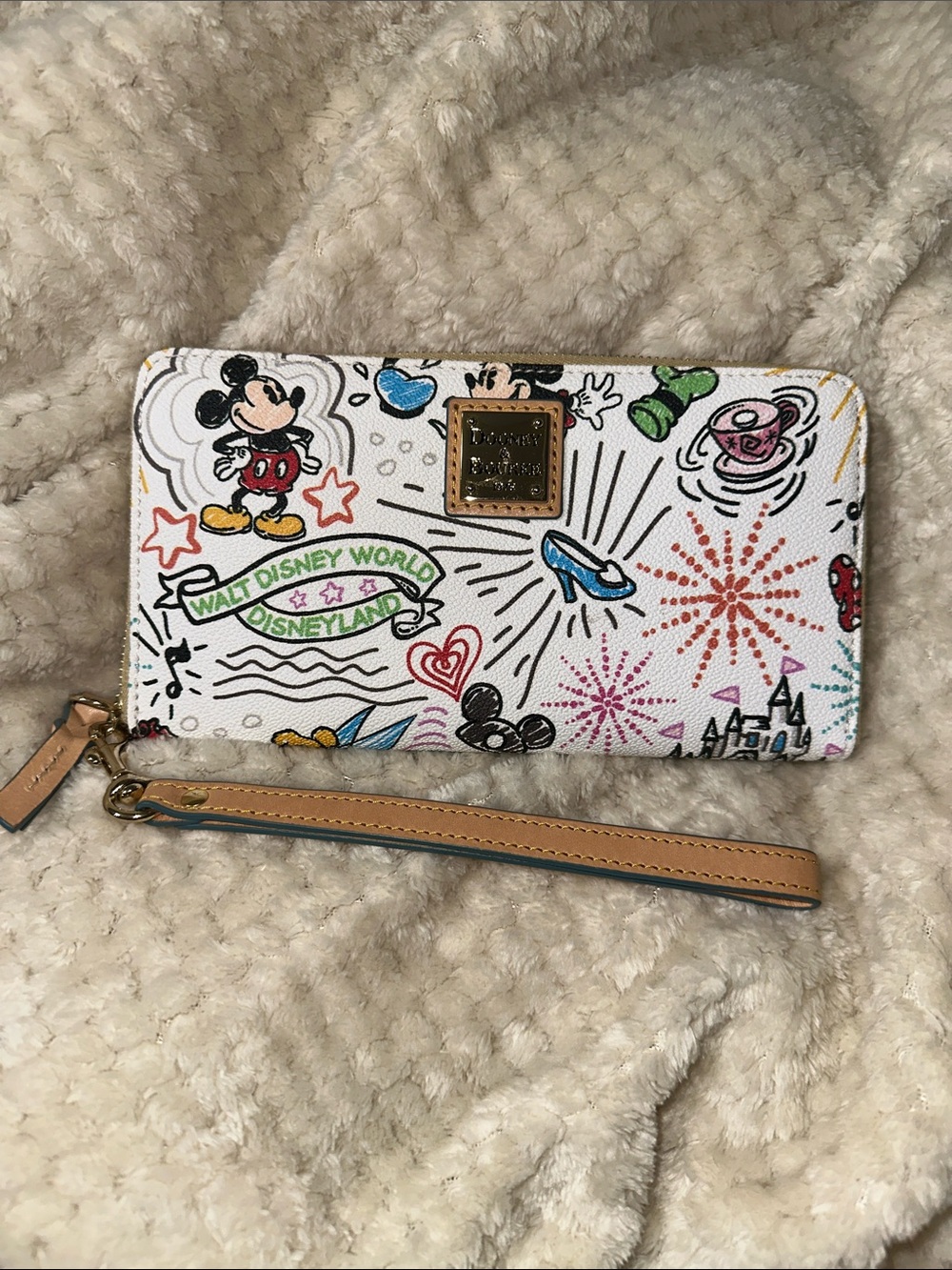 Dooney & Bourke White Disney Sketch Zip Wristlet with Tan Strap